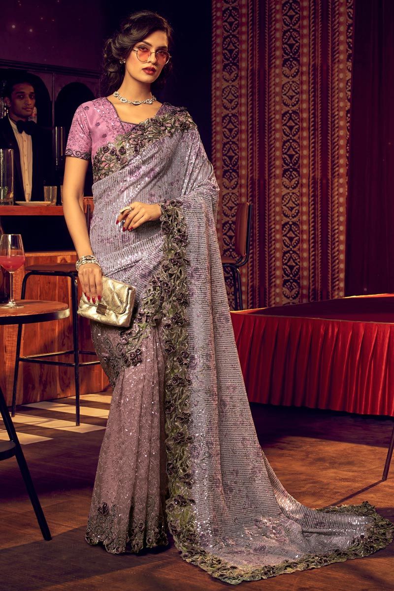 Purple Color Party Style Lycra Fabric Incredible Saree