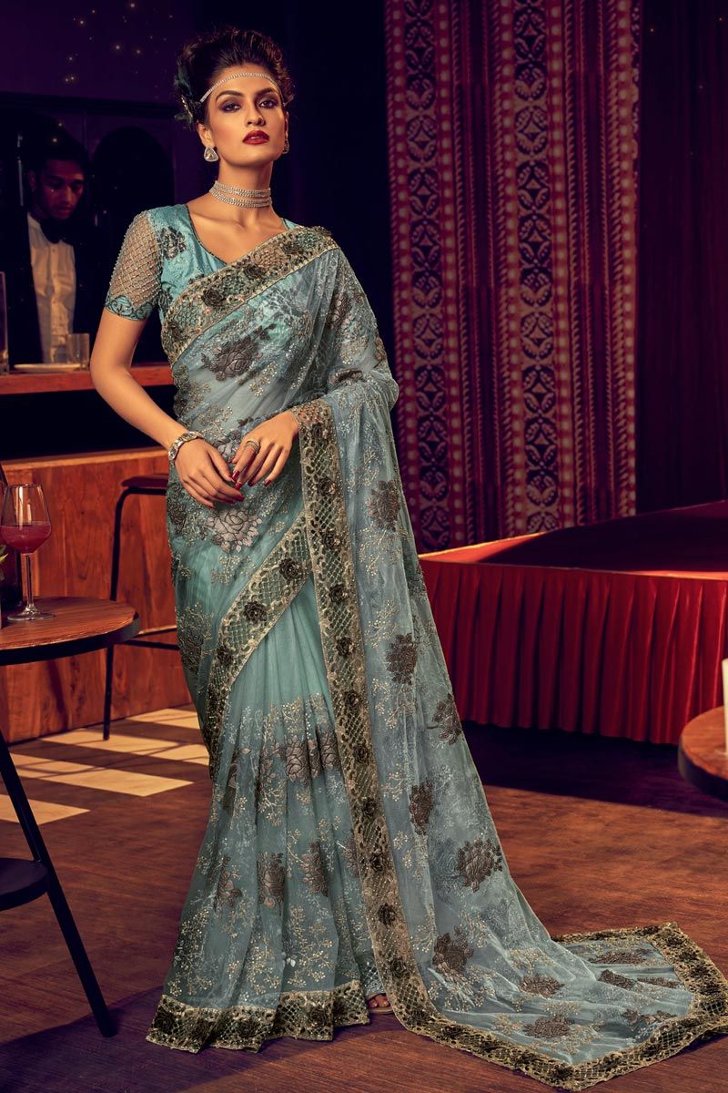 Lycra Fabric Party Style Light Cyan Color Phenomenal Saree