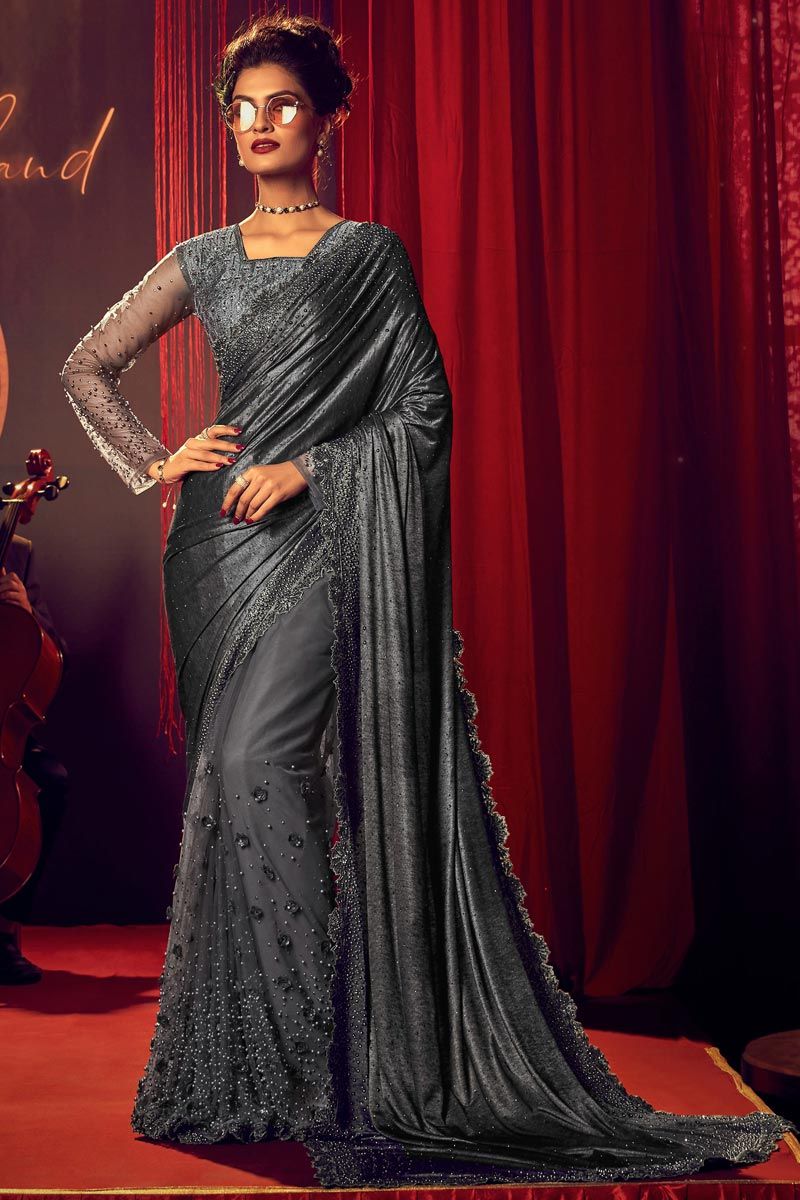 Grey Color Net Fabric Party Style Amazing Saree