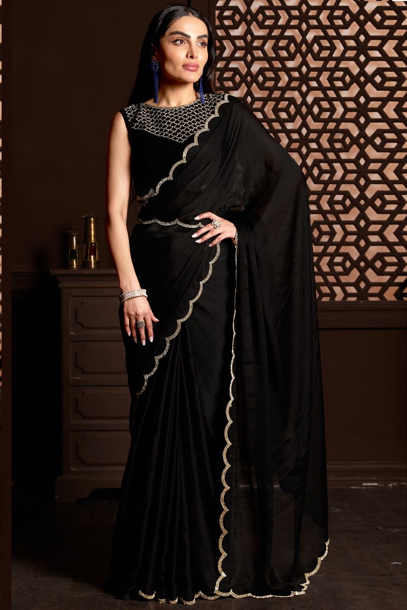 Fancy Work Chiffon Fabric Black Color Saree