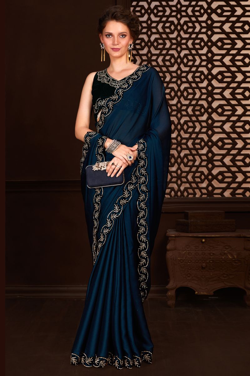 Glamorous Lace Border Work Chiffon Fabric Blue Saree