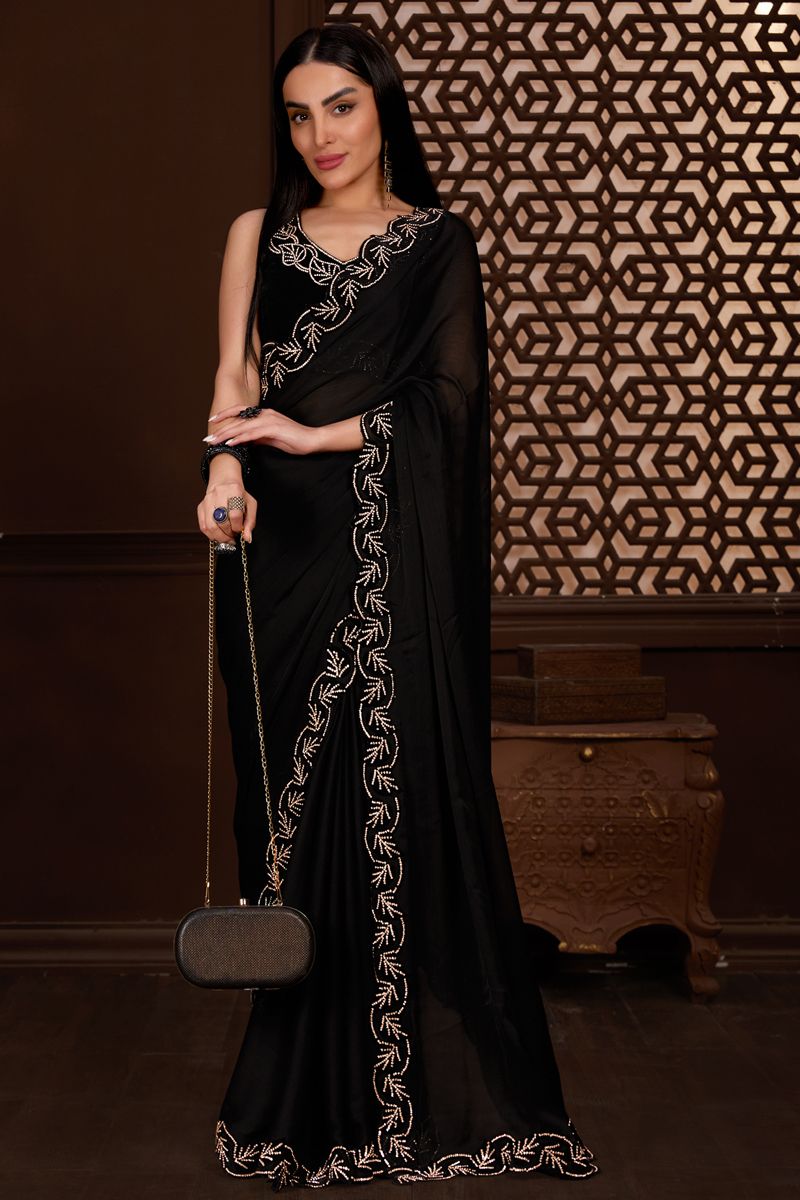 Chiffon Fabric Black Saree With Vintage Lace Border Work