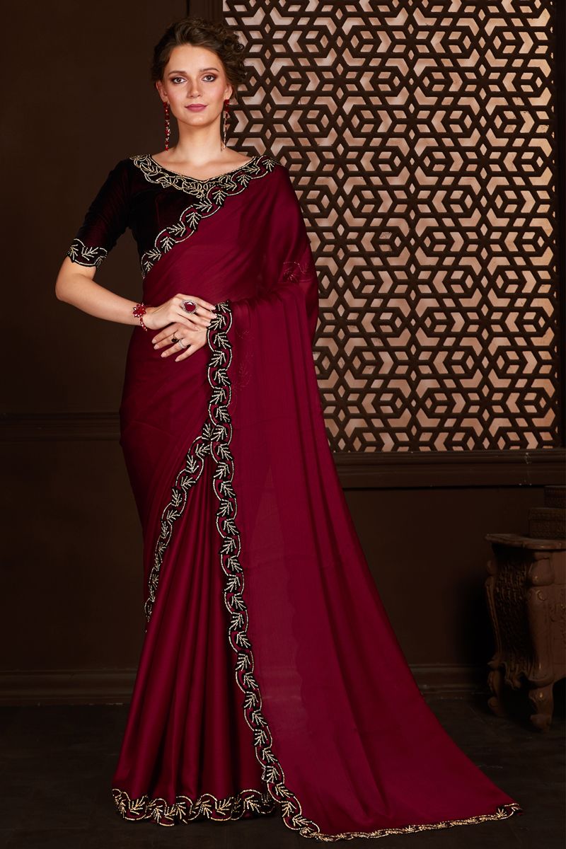 Red Chiffon Fabric Saree With Radiant Lace Border Work