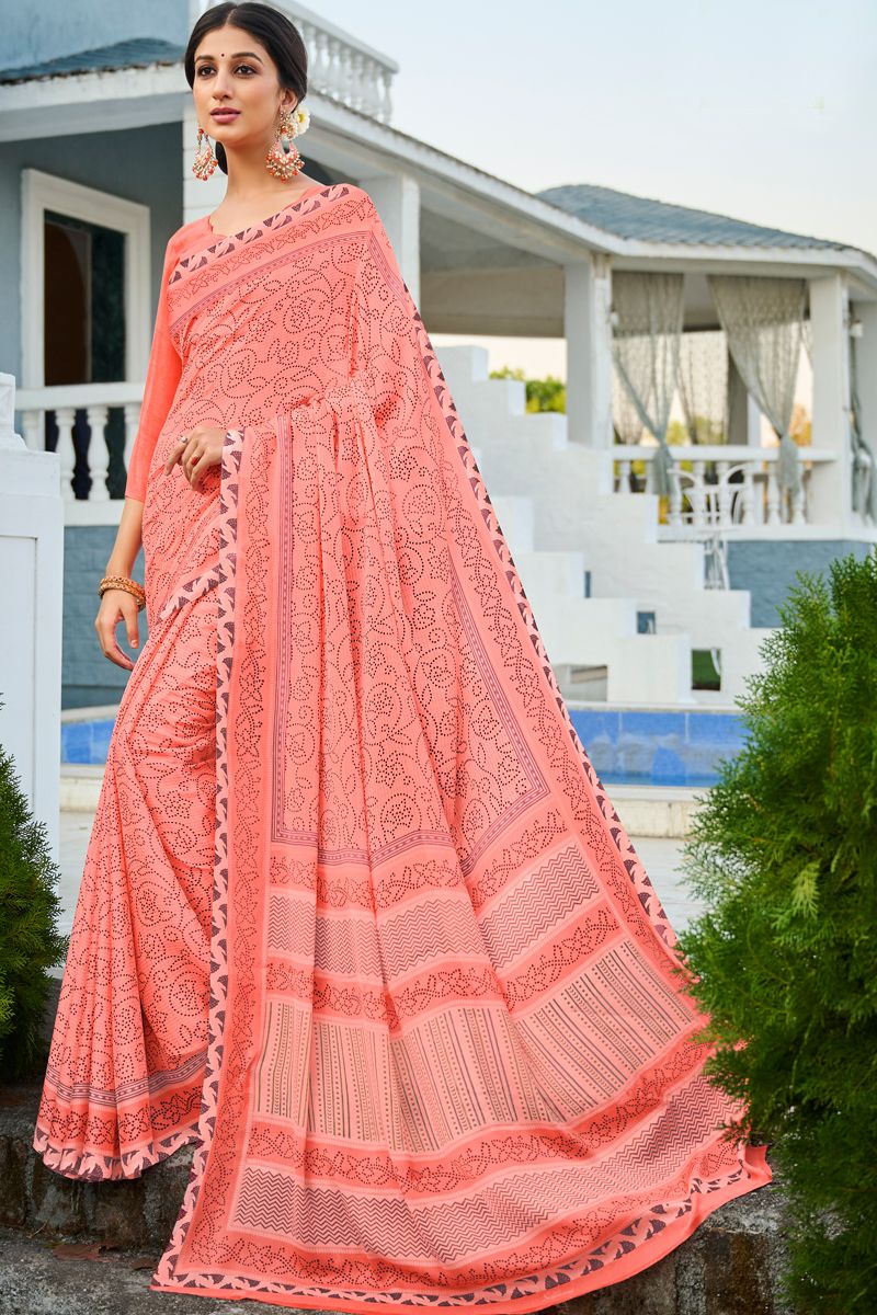 Casual Georgette Fabric Peach Color Sober Saree