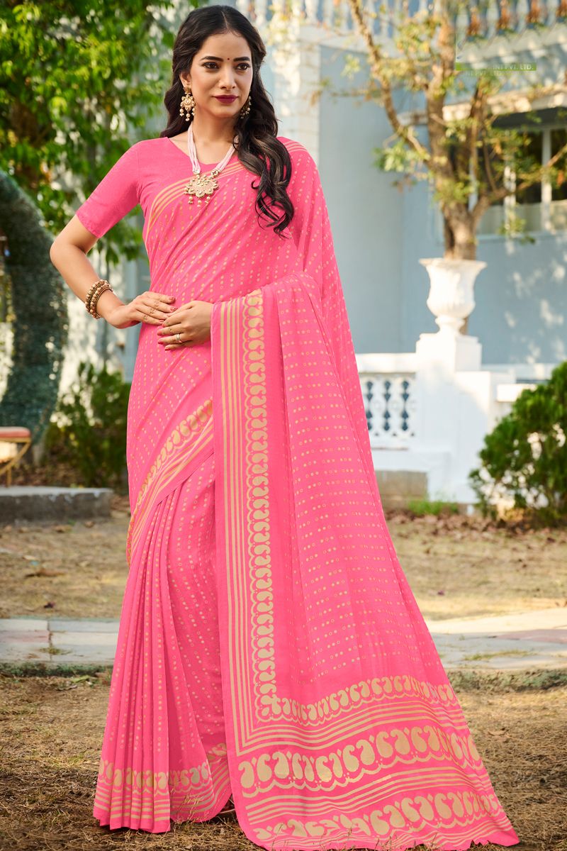 Georgette Fabric Pink Color Engaging Casual Saree