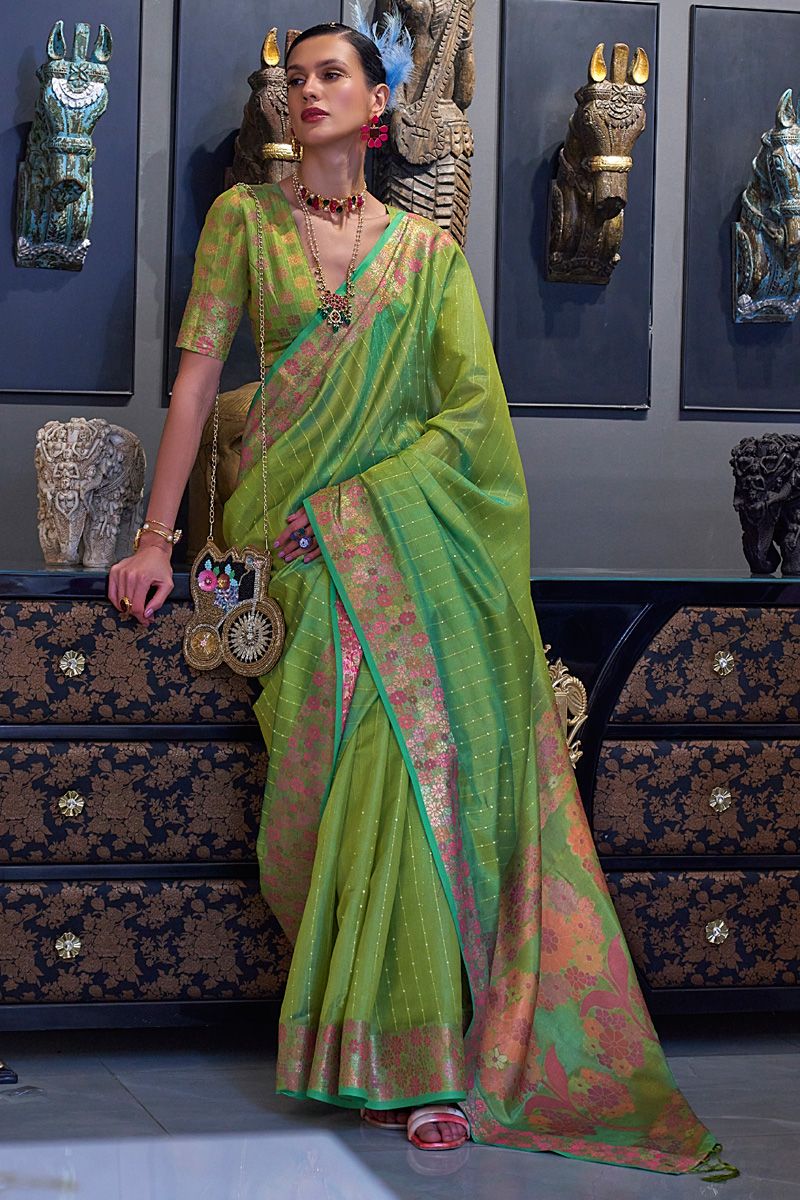 Winsome Green Color Function Look Sequins Work Organza Saree