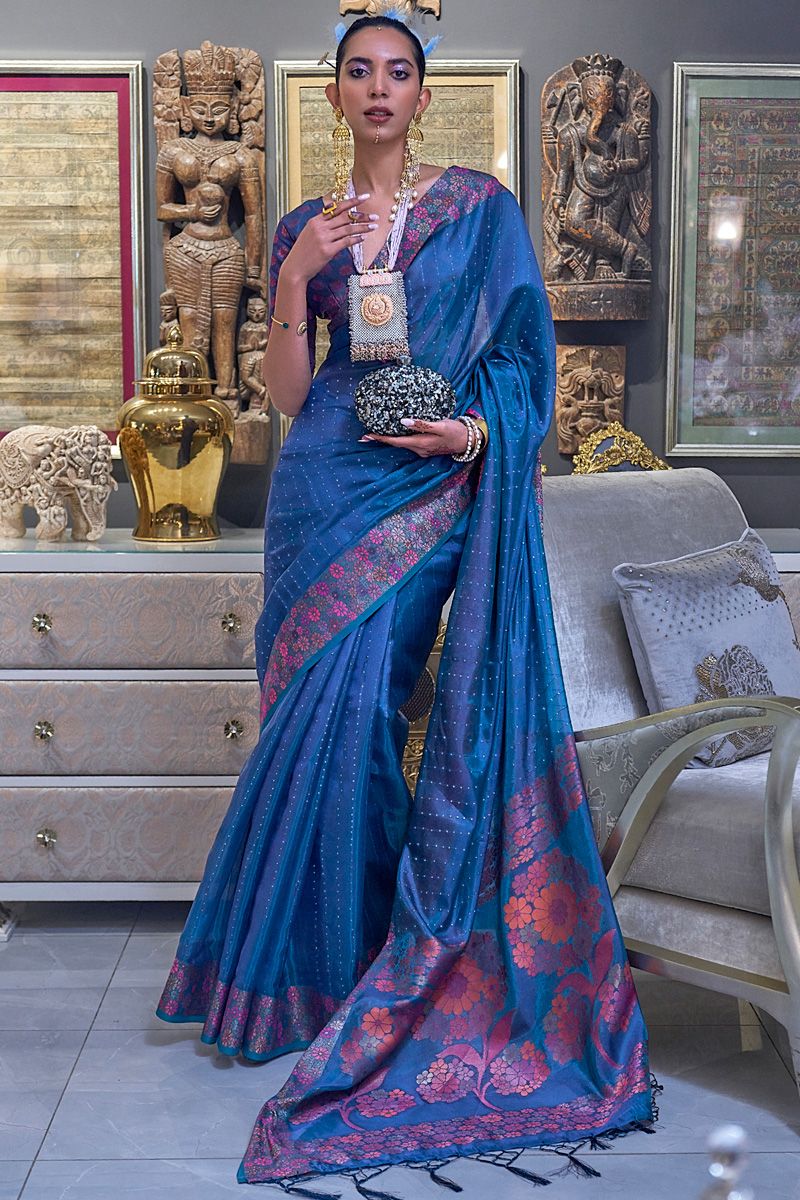 Blue Color Function Look Luminous Sequins Work Organza Saree