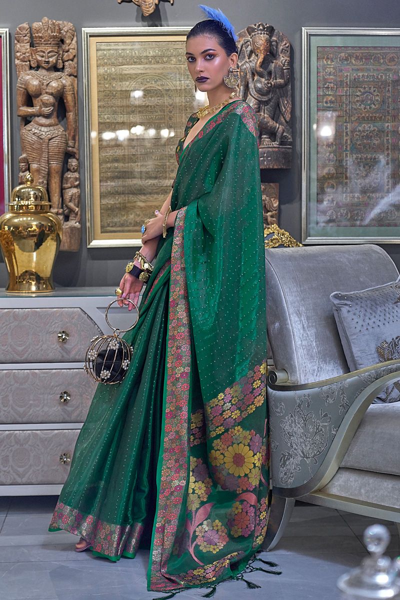 Function Look Green Color Vintage Sequins Work Organza Saree