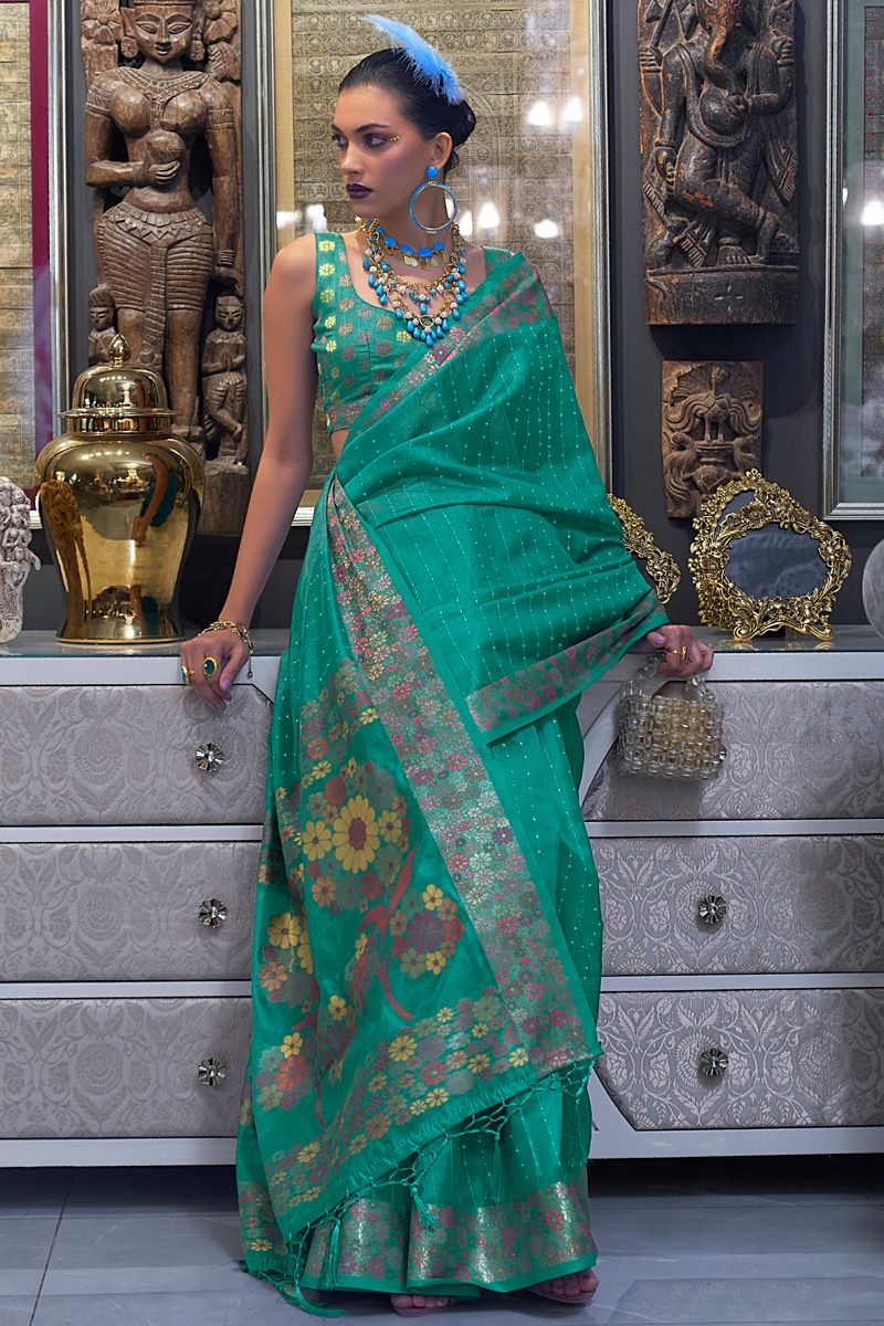 Function Look Green Color Pleasant Sequins Work Organza Saree