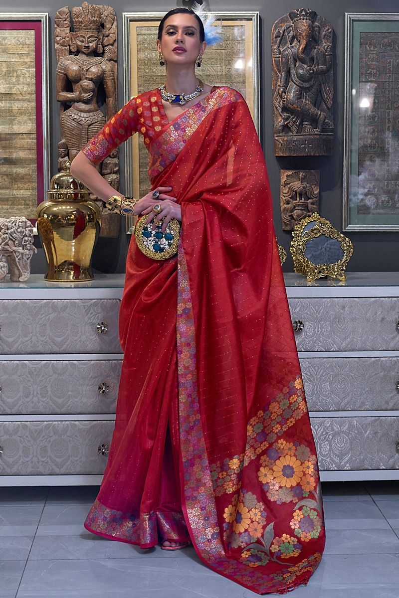 Red Color Function Look Charismatic Sequins Work Organza Saree