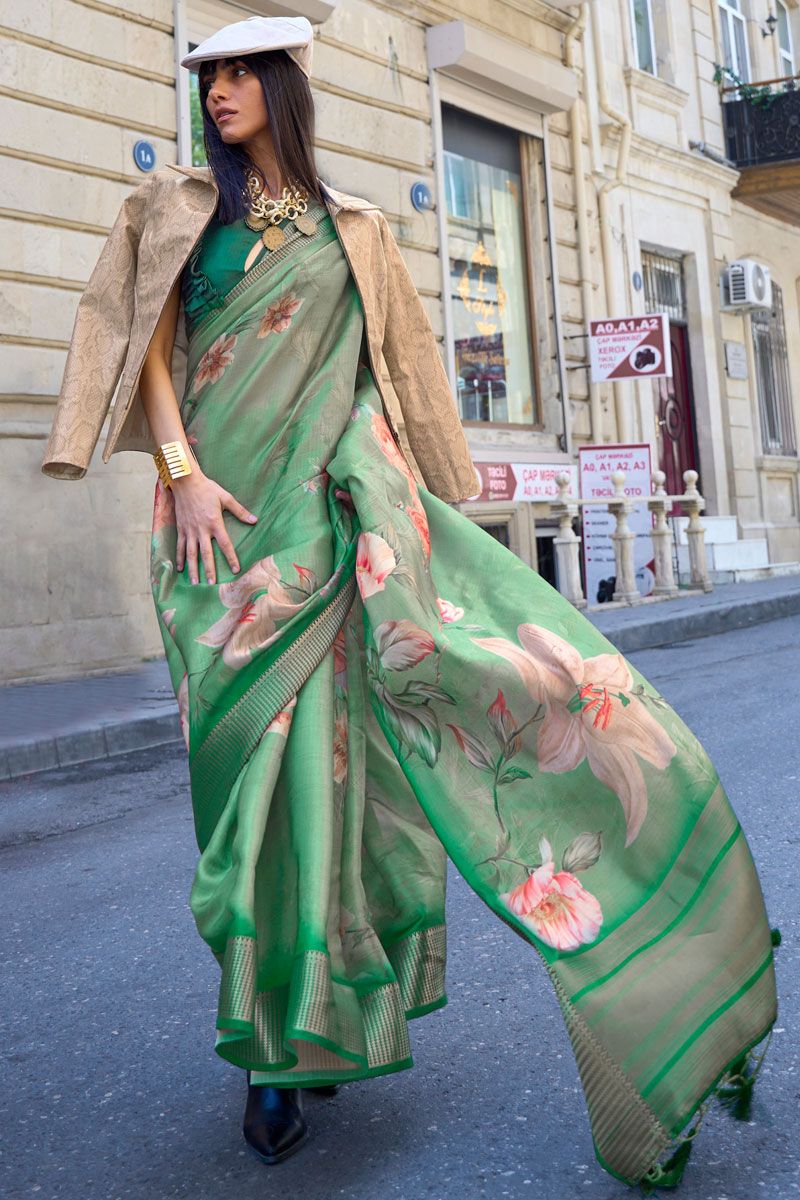 Satin Organza Digital Printed Saree In Green Color