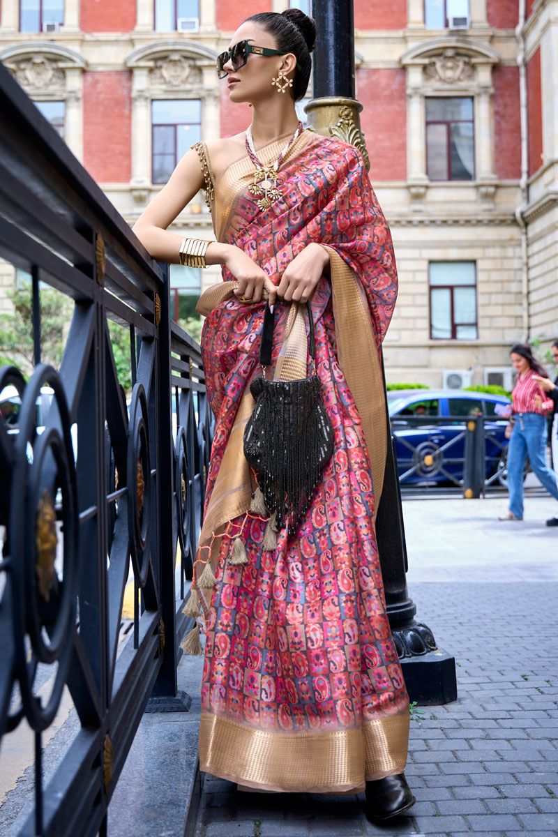 Satin Organza Maroon Color Digital Printed Saree