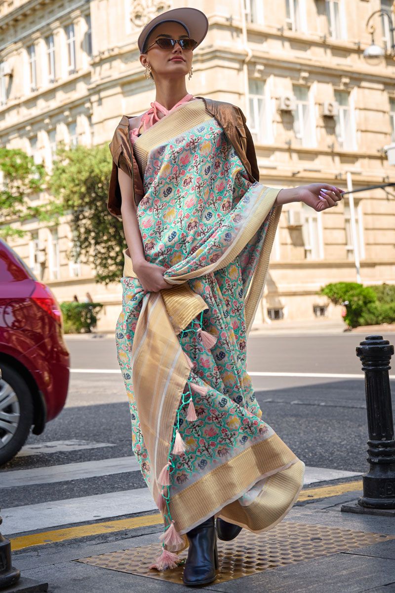 Satin Organza Digital Printed Saree In Sea Green Color