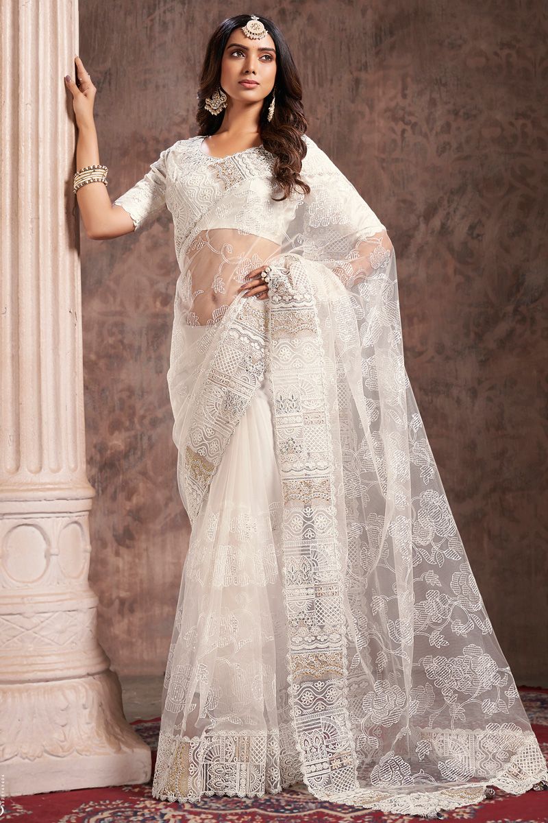 Off White Color Organza Fabric Sangeet Wear Beatific Saree