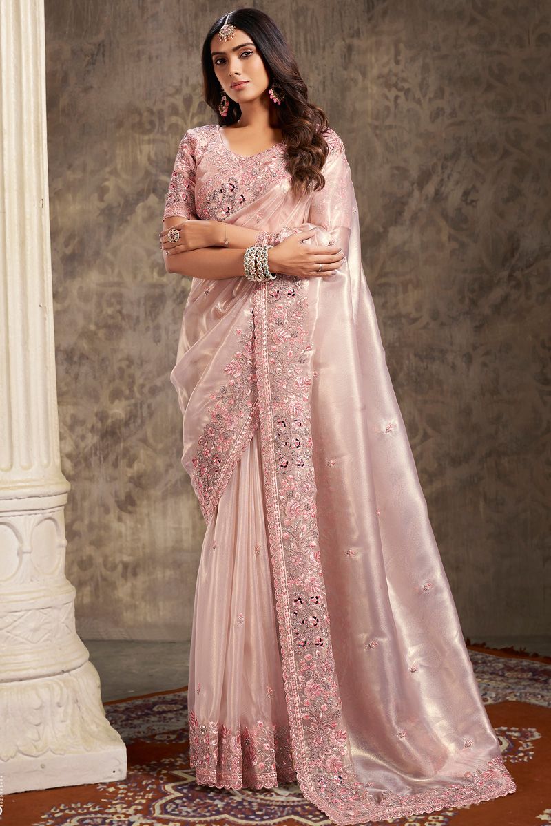 Organza Fabric Sangeet Wear Superior Saree In Peach Color