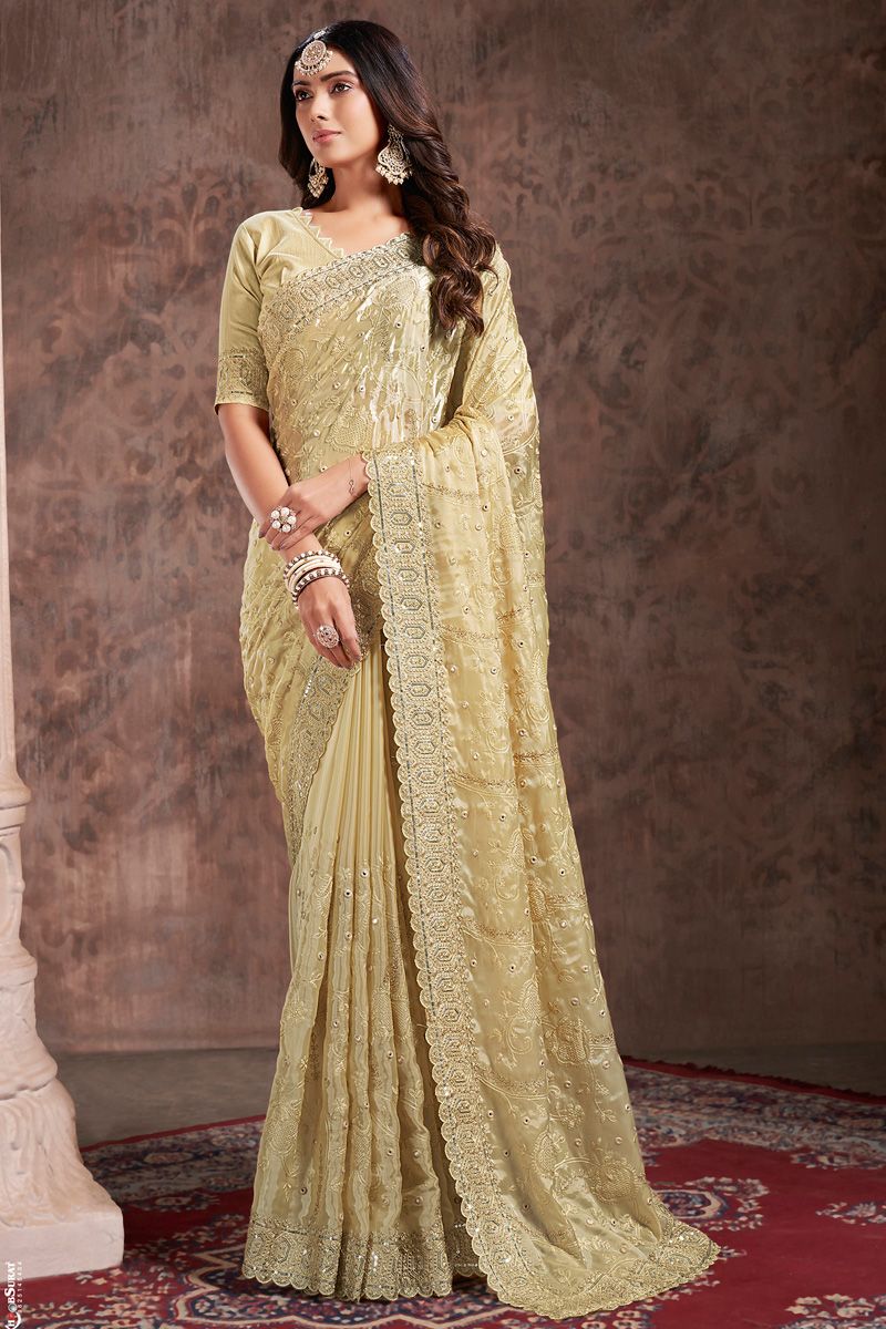 Sangeet Wear Organza Fabric Beige Color Coveted Saree