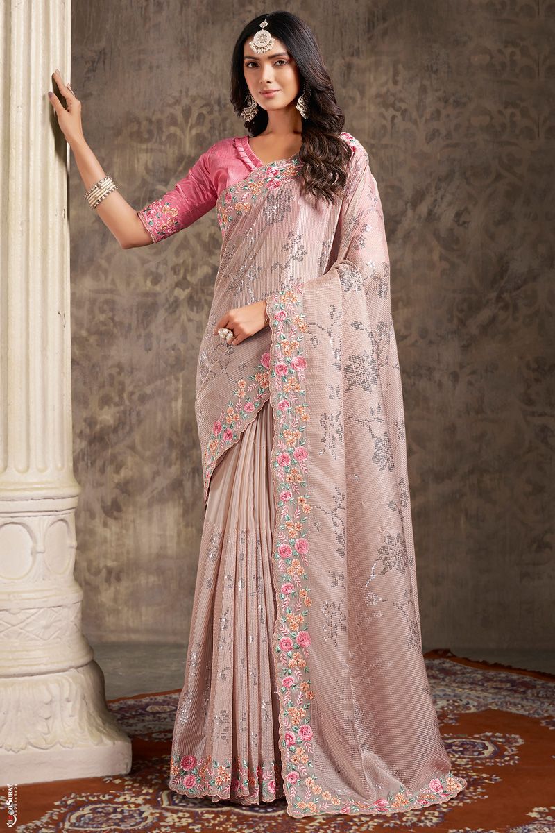 Peach Color Organza Fabric Sangeet Wear Gorgeous Saree