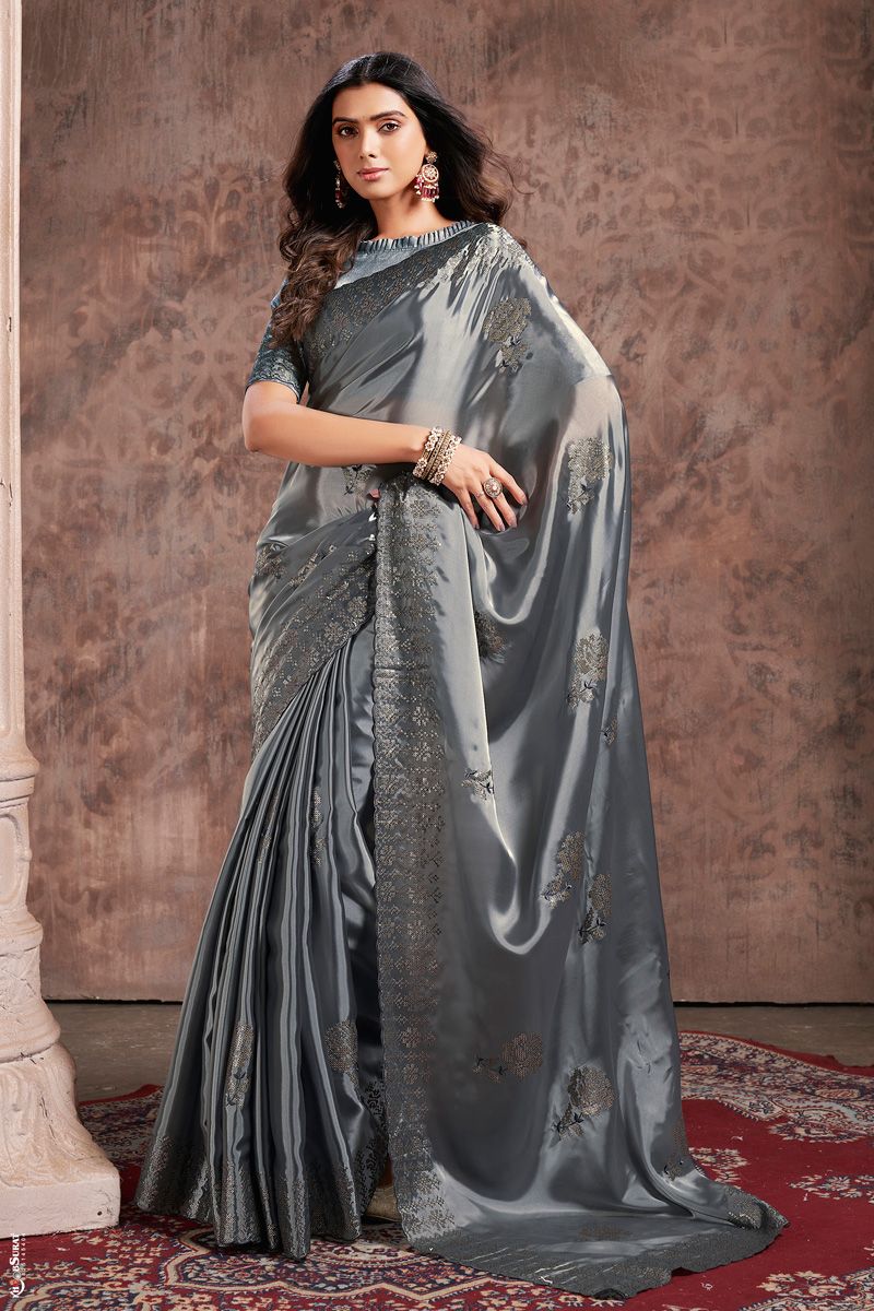 Silk Fabric Sangeet Wear Mesmeric Saree In Grey Color