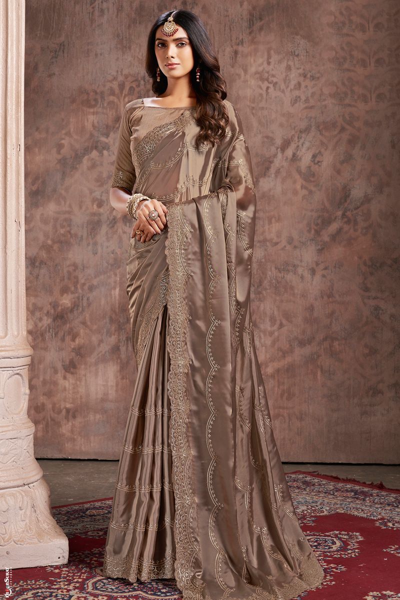 Sangeet Wear Silk Fabric Brown Color Supreme Saree