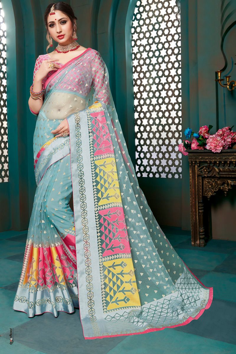 Light Cyan Color Miraculous Foil Printed Organza Saree