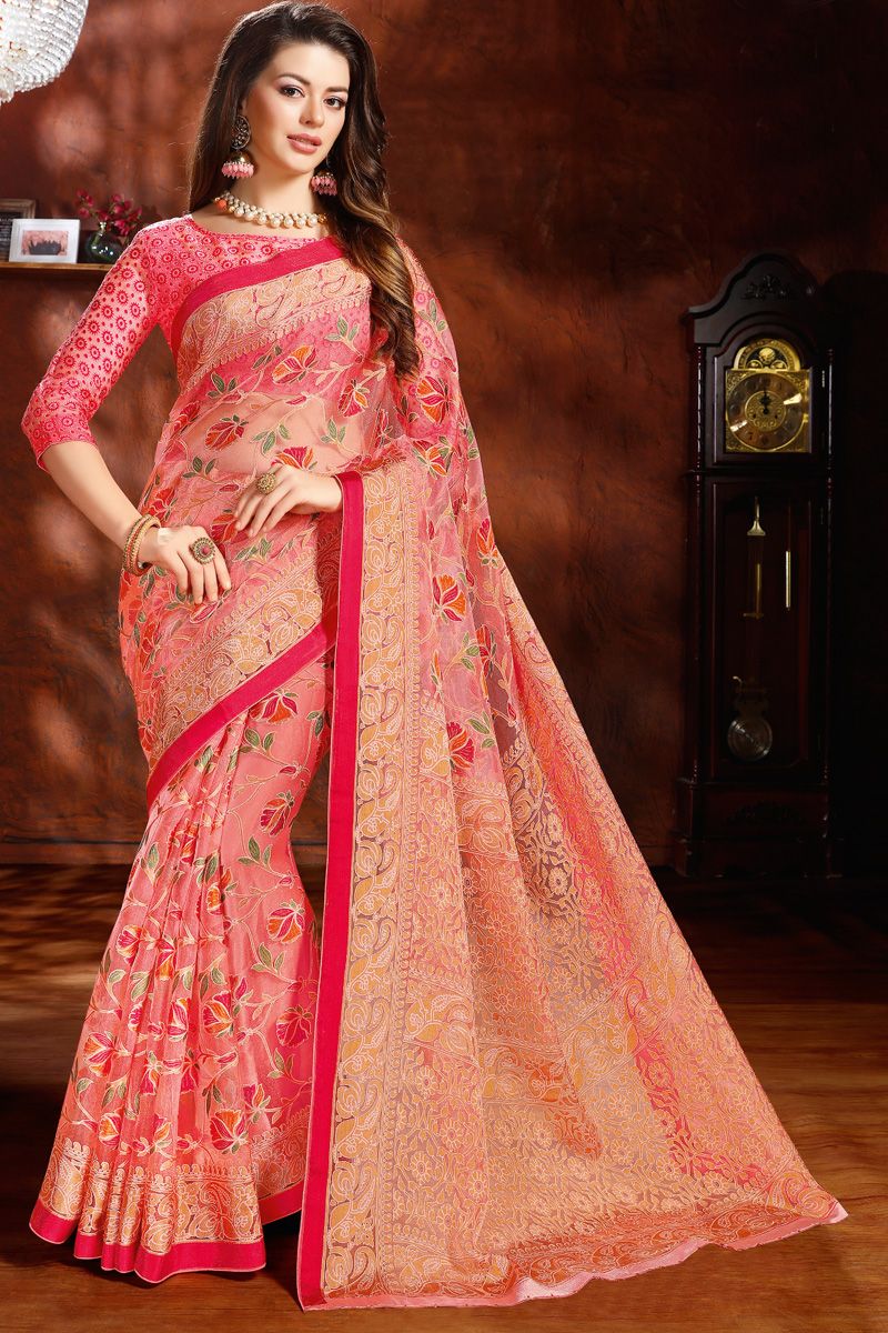 Foil Printed Organza Saree In Peach Color