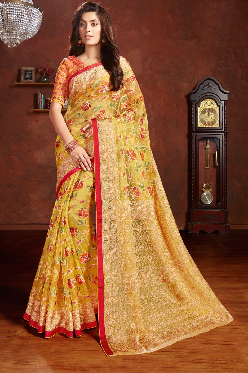 Yellow Color Magnificent Foil Printed Organza Saree