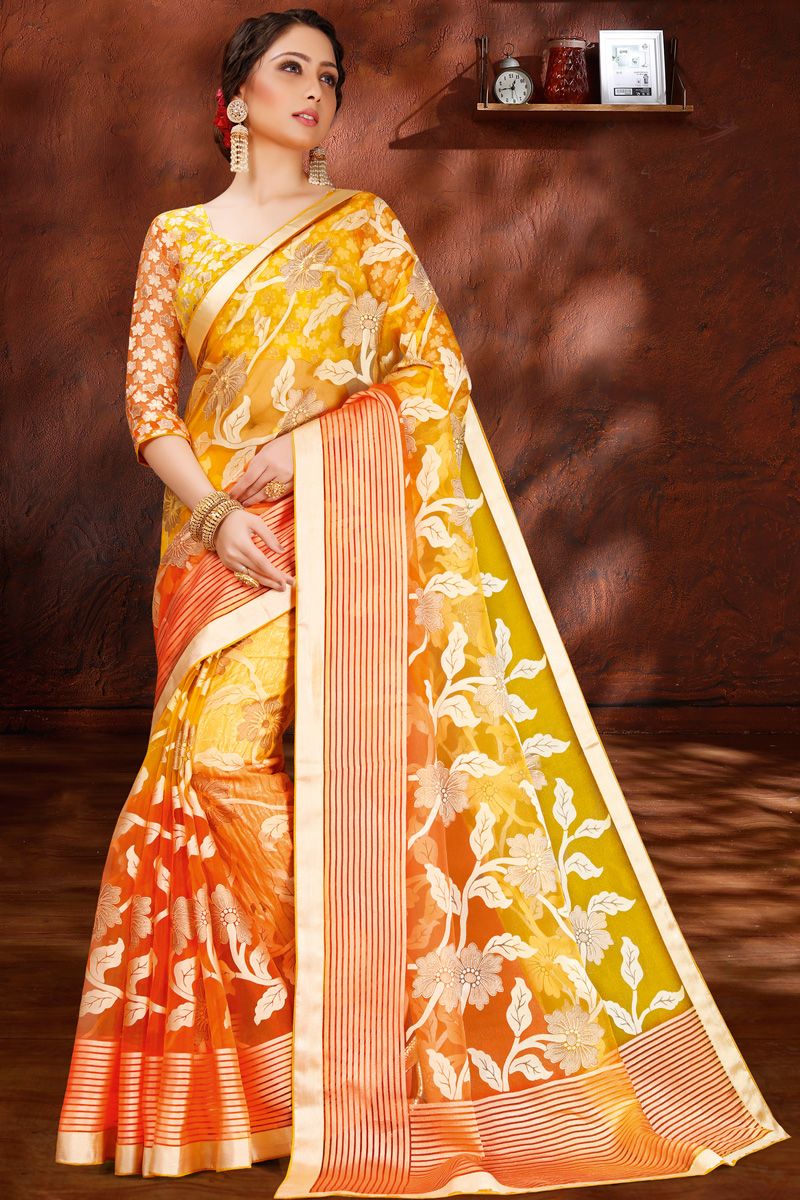 Yellow Color Luminous Foil Printed Organza Saree