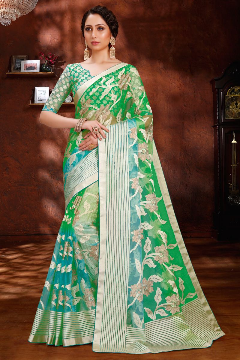 Vivacious Foil Printed Organza Saree In Green Color