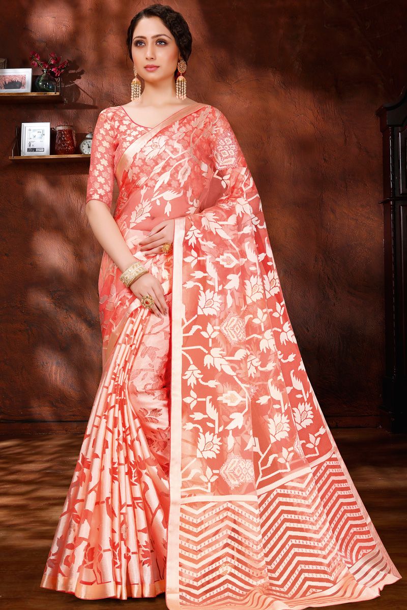 Mesmeric Foil Printed Organza Saree In Peach Color