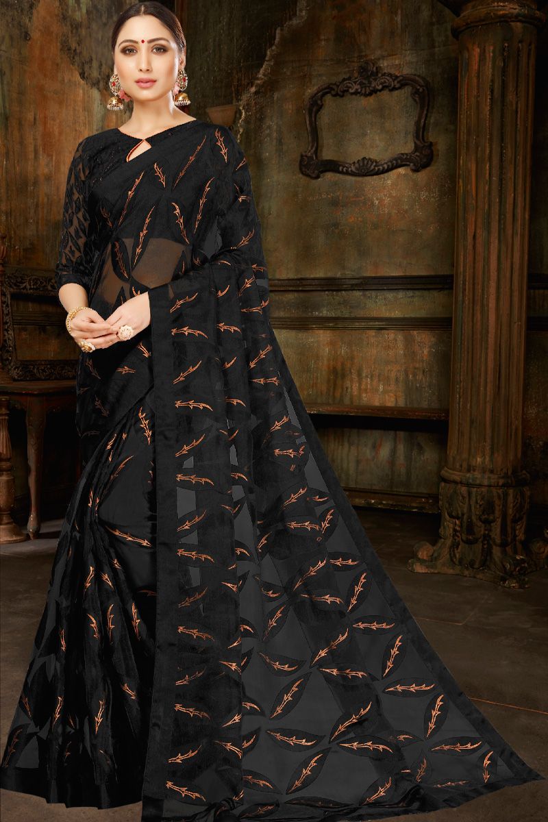 Wondrous Foil Printed Organza Saree In Black Color