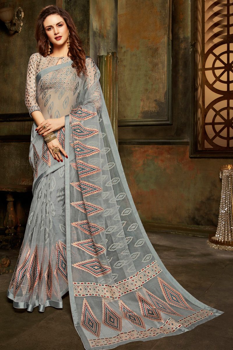 Grey Color Supreme Foil Printed Organza Saree