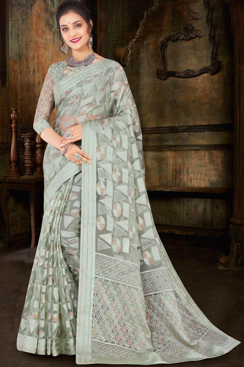 Vintage Foil Printed Organza Saree In Khaki Color