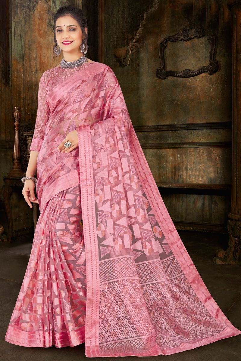 Peach Color Beguiling Foil Printed Organza Saree