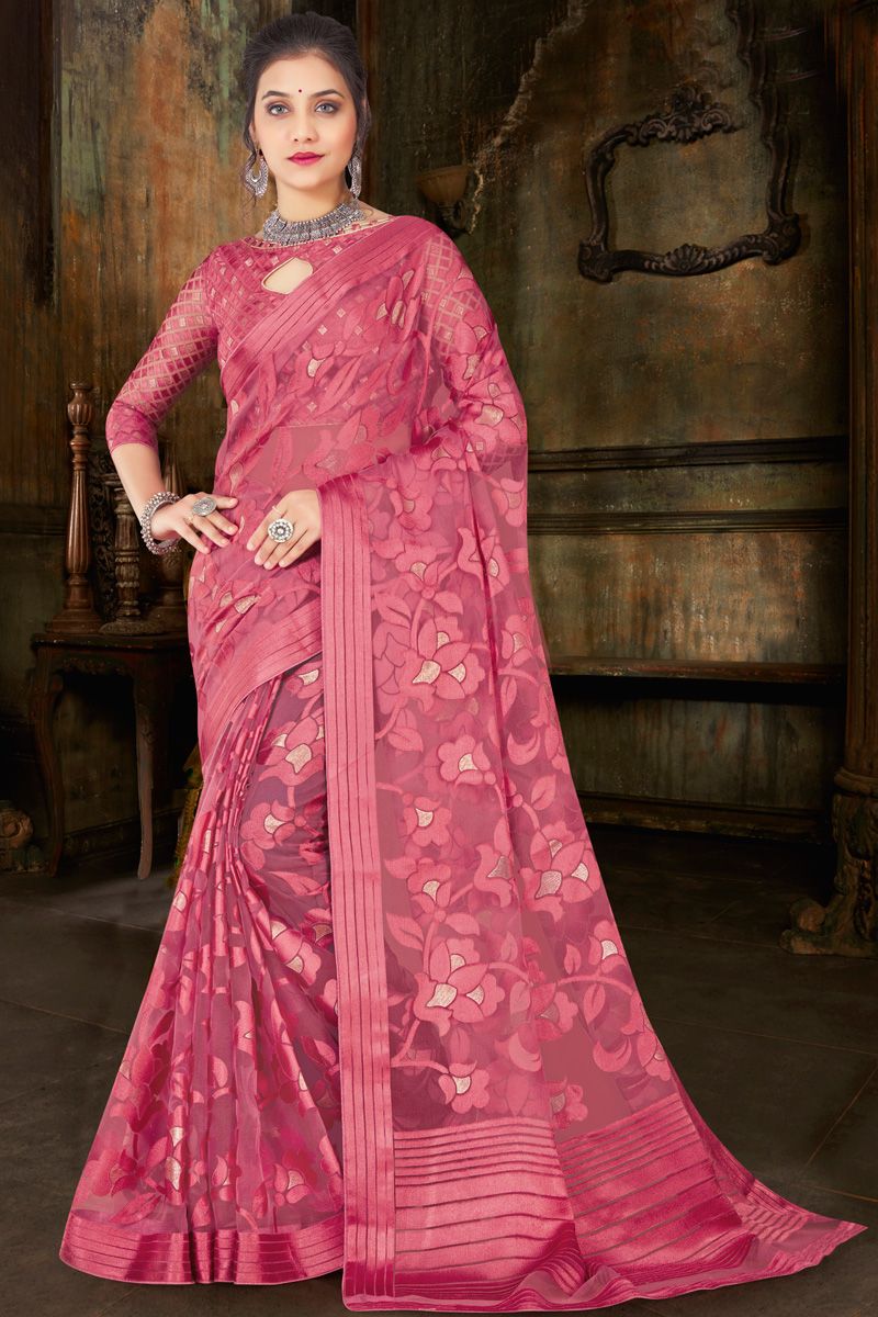 Pink Color Enticing Foil Printed Organza Saree