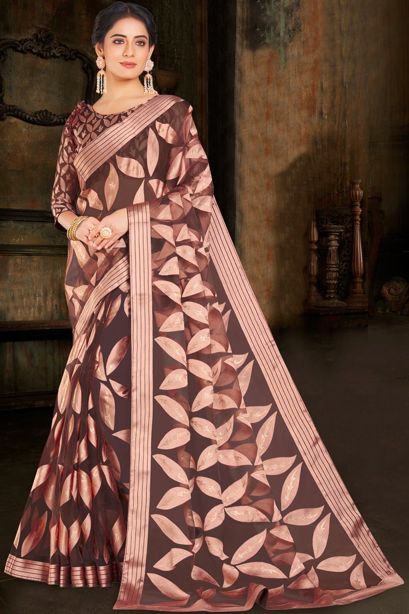 Brown Color Innovative Foil Printed Organza Saree