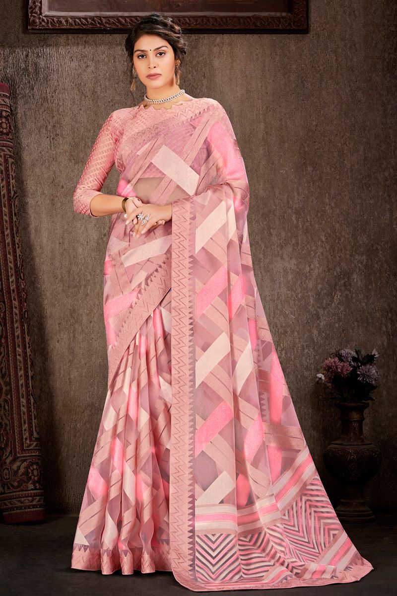 Pink Color Foil Printed Work On Saree In Brasso Fabric