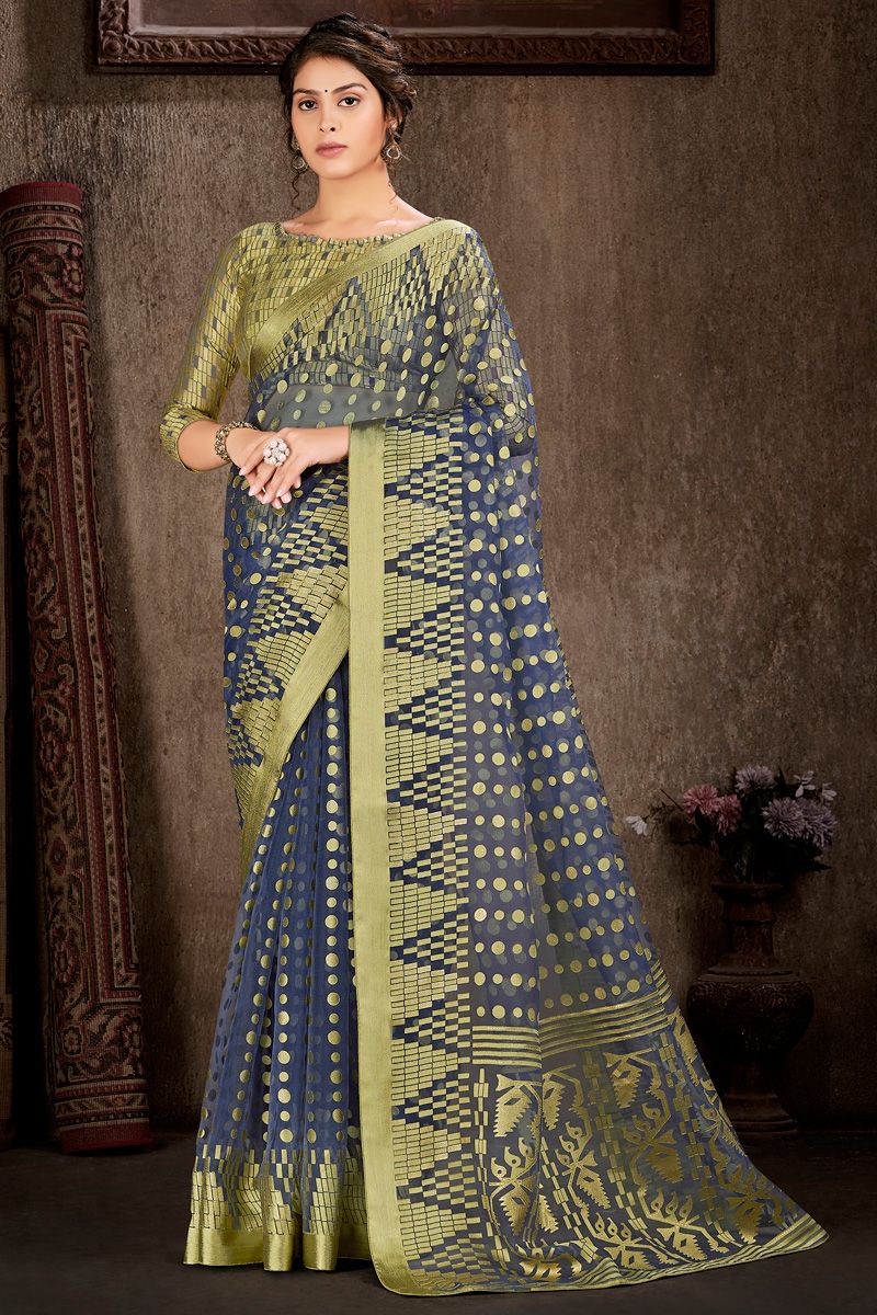 Foil Printed Work On Blue Color Brasso Saree