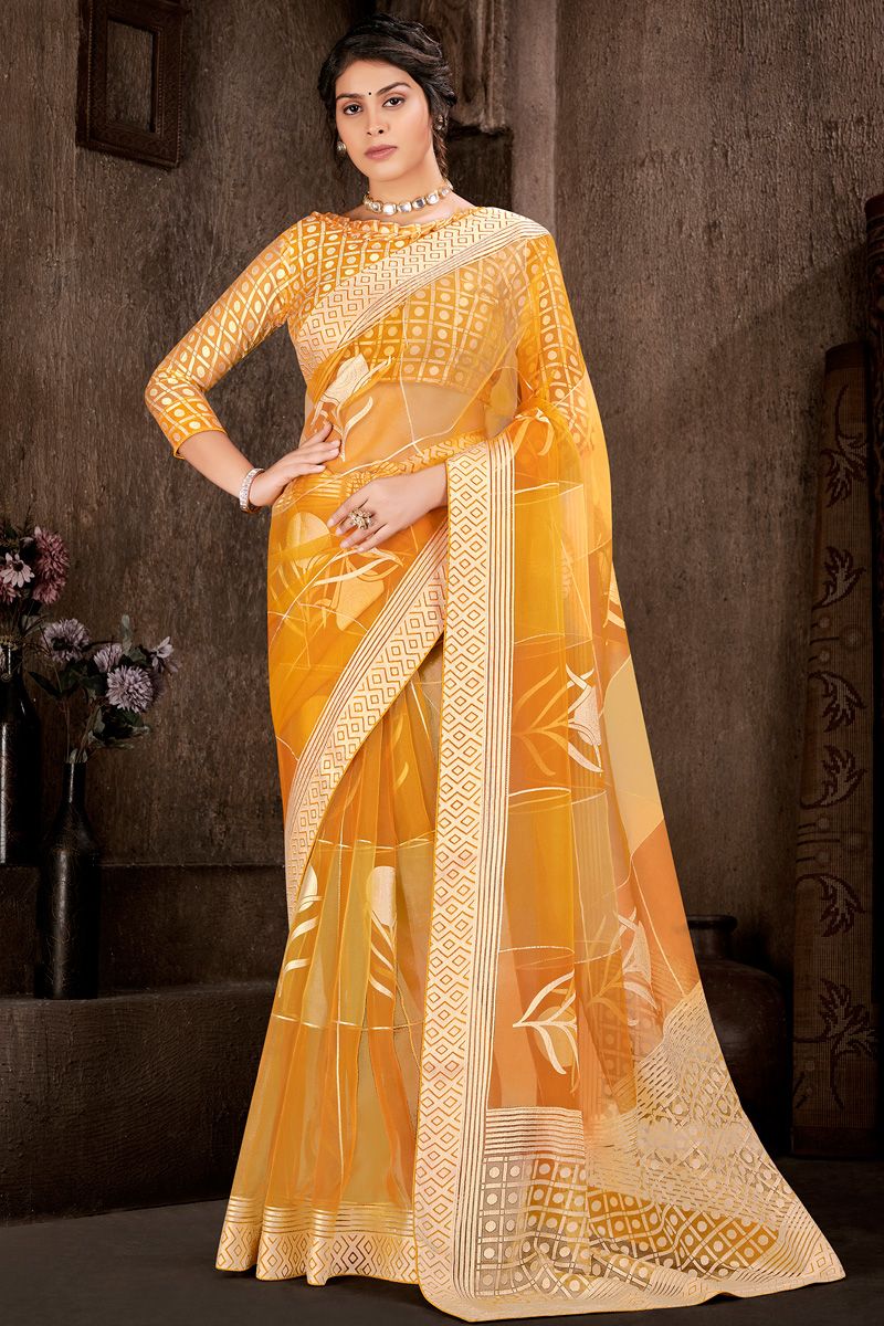 Mustard Color Foil Printed Work On Brasso Beatific Saree