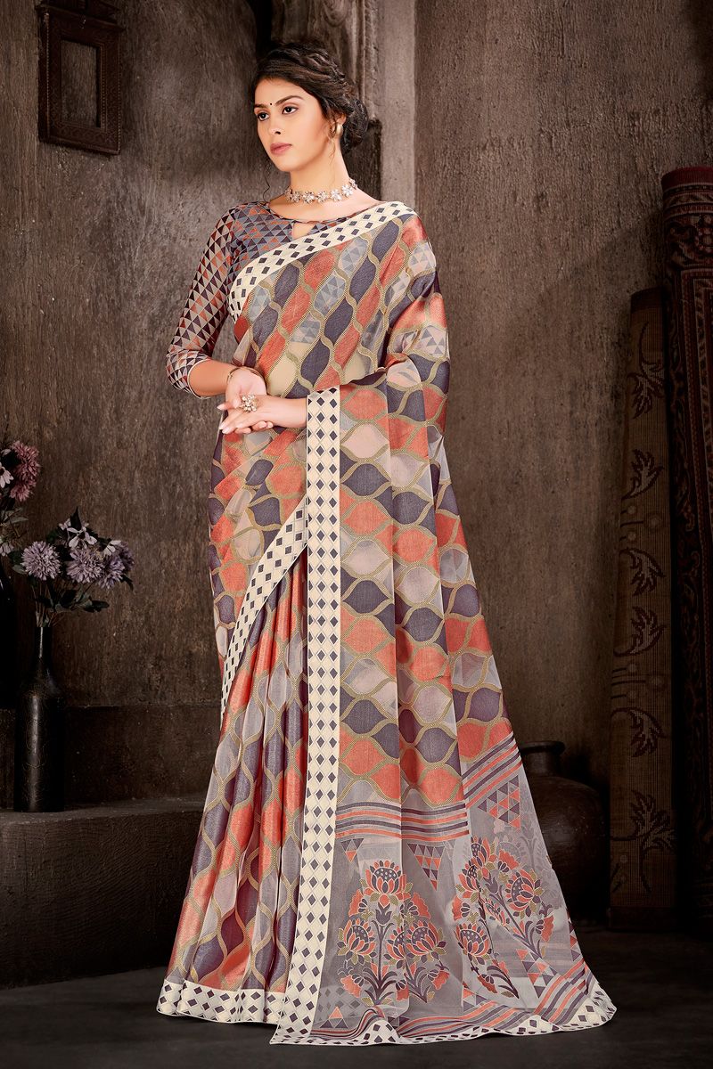 Foil Printed Work On Multi Color Brasso Saree