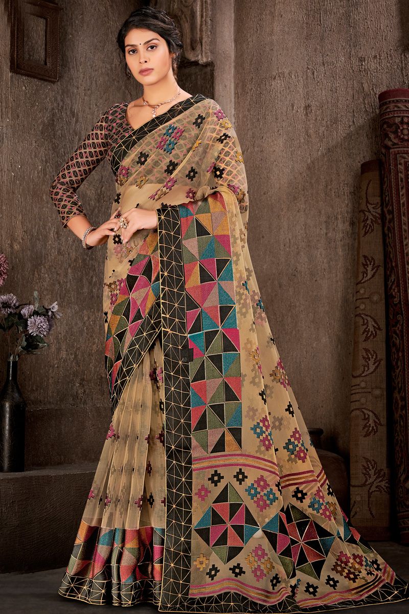 Foil Printed Work On Brasso Beige Color Saree