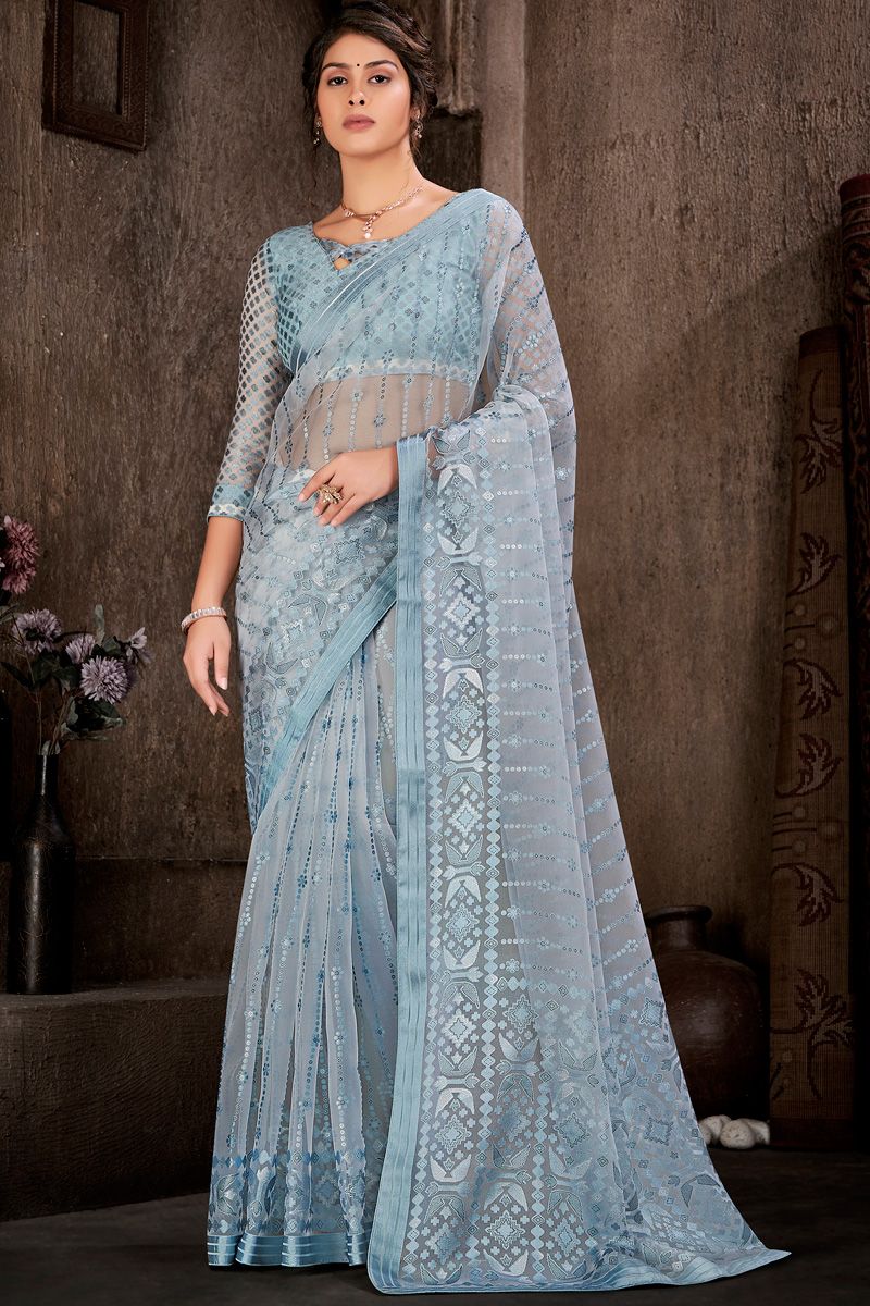 Brasso Grey Color Saree With Foil Printed Work