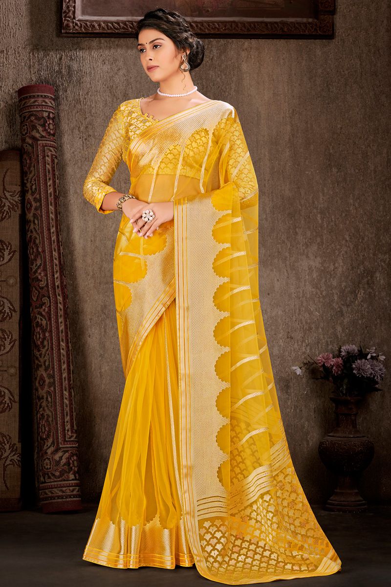 Yellow Color Brasso Saree With Foil Printed Work