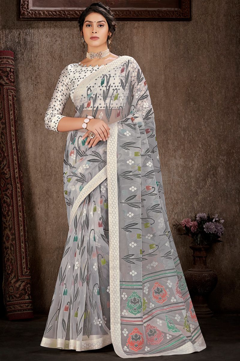 Foil Printed Work On Grey Color Saree In Brasso Fabric