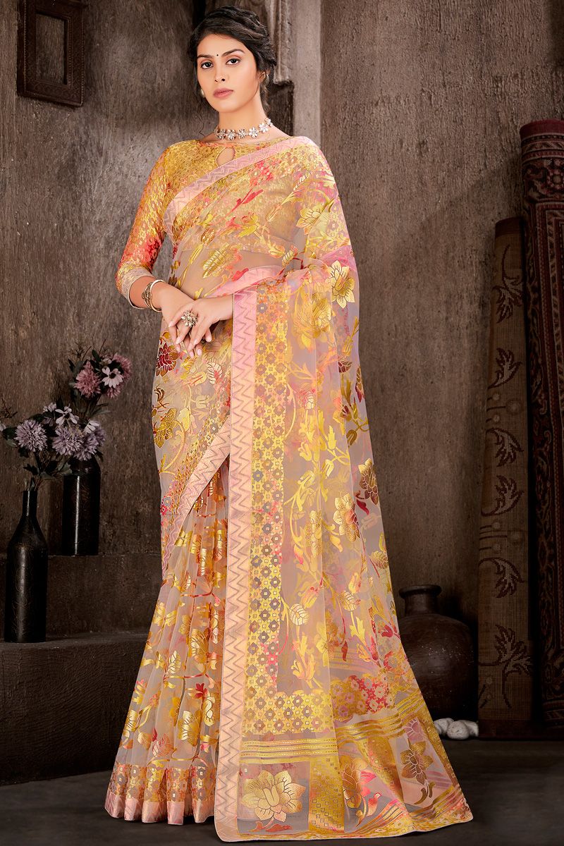 Brasso Grey Color Winsome Foil Printed Work Saree