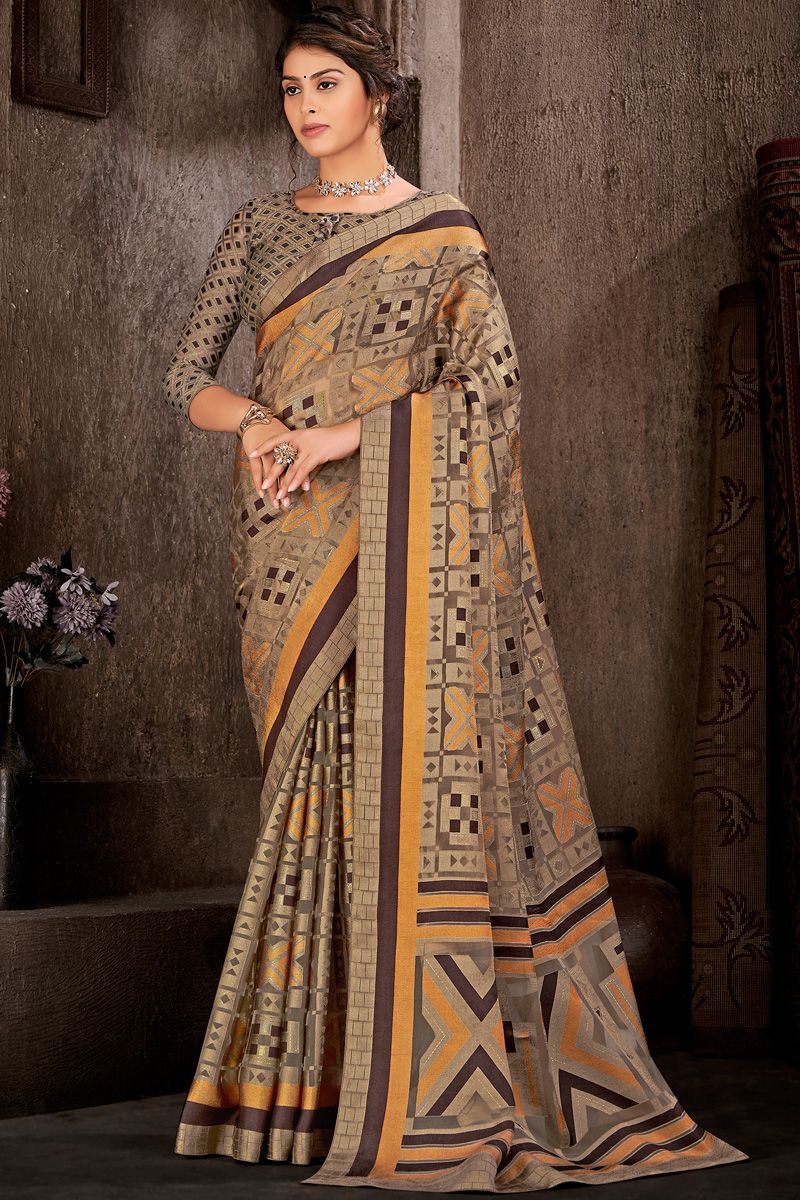 Foil Printed Work On Saree In Multi Color Brasso Fabric