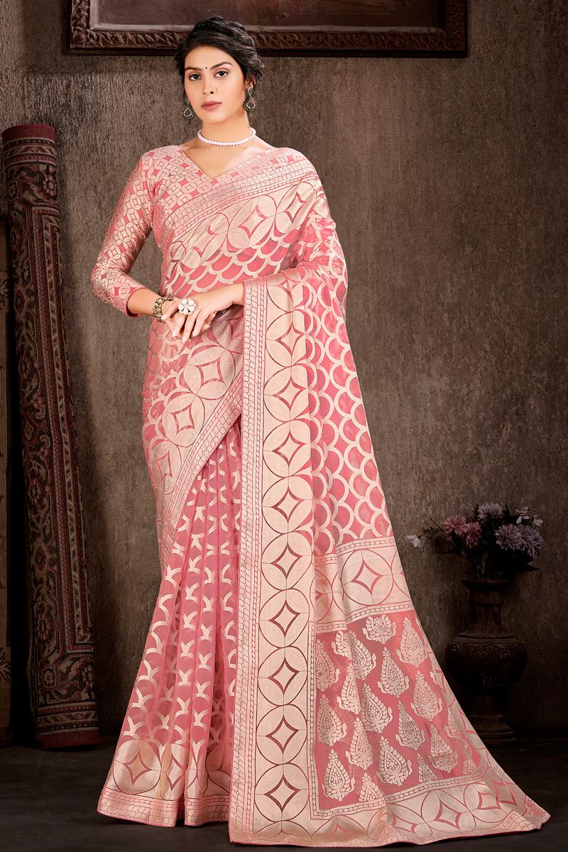 Foil Printed Work On Brasso Saree In Pink Color