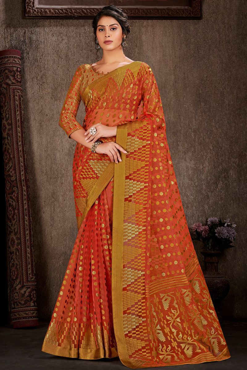 Solid Brasso Foil Printed Work On Saree In Red Color