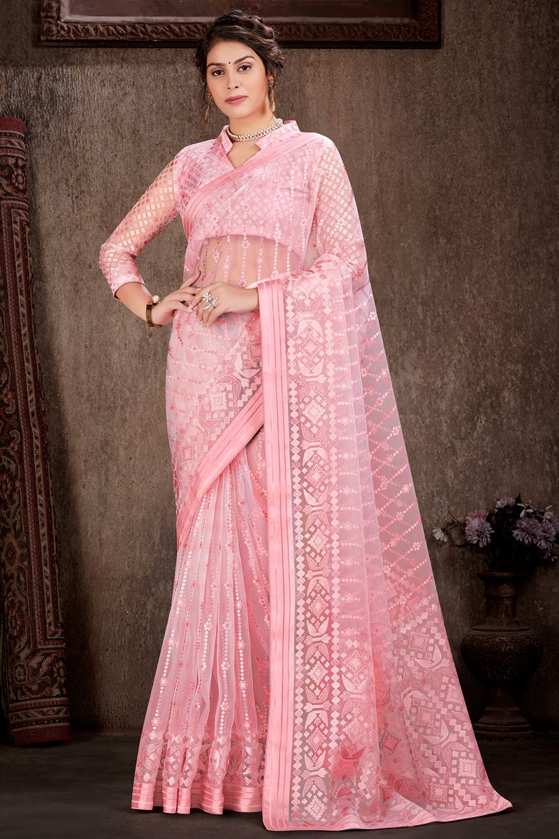 Pink Color Brasso Saree With Foil Printed Work