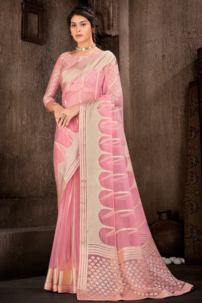 Brasso Foil Printed Work On Saree In Pink Color