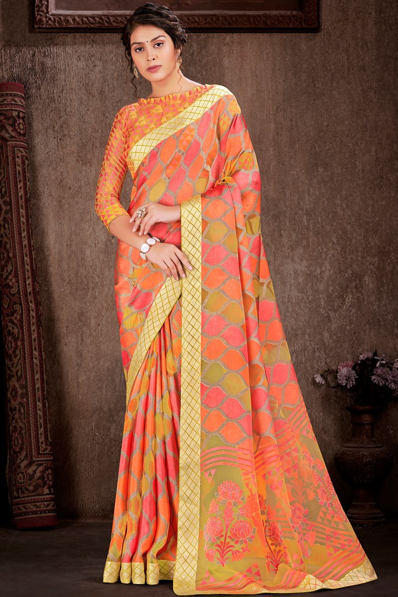 Foil Printed Work Orange Color Brasso Amazing Saree